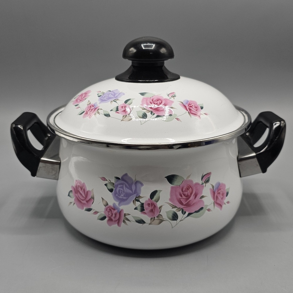 Vintage Roses Floral Flowers Enameled Sauce‎ Pan Pot 1 Quart Grandmacore Cottage
